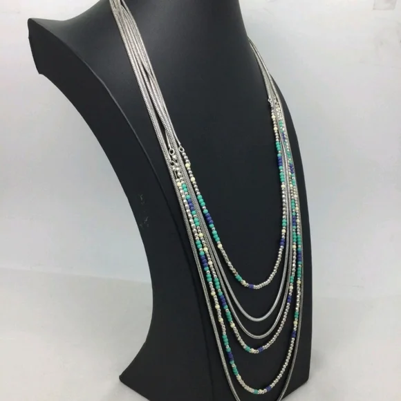 NWT Lucky Brand Blue Teal & White Beaded Multi Strand Necklace 32" - Picture 3 of 5